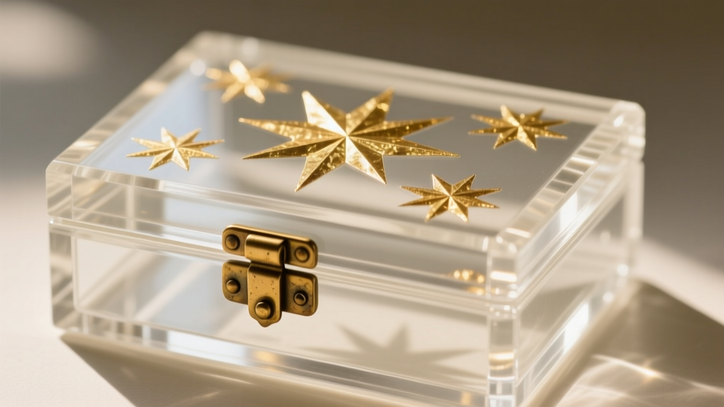 Close-up of a 1950s clear lucite jewelry box lid showing embedded gold foil starburst motifs and original brass butt hinges