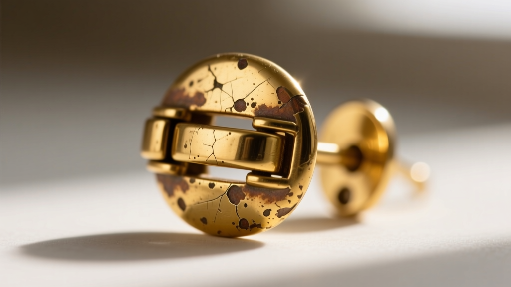 Macro shot of a vintage earring clasp showing worn gold plating revealing brass base metal underneath, sharp focus on the texture