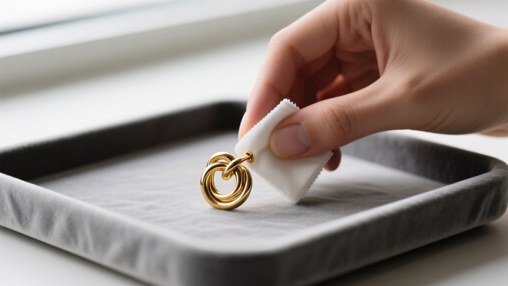 Hands cleaning a gold-tone knot stud earring with a microfiber cloth over a grey velvet tray in soft natural window light.