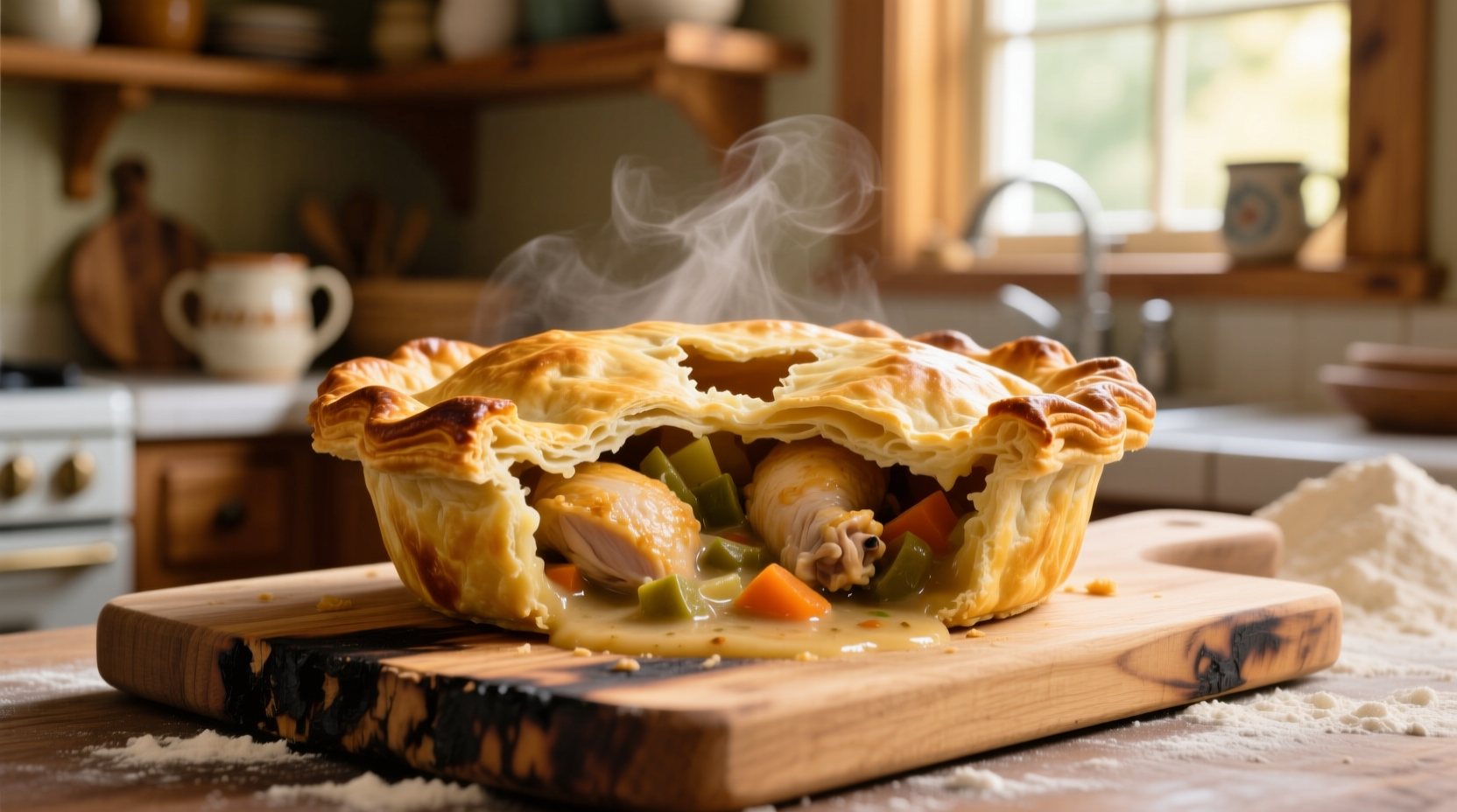 Golden chicken pot pie with flaky crust