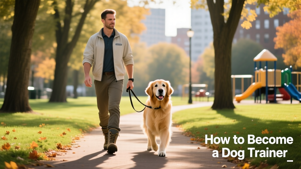 A friendly, confident dog trainer walking alongside a relaxed, well-mannered dog in a park setting