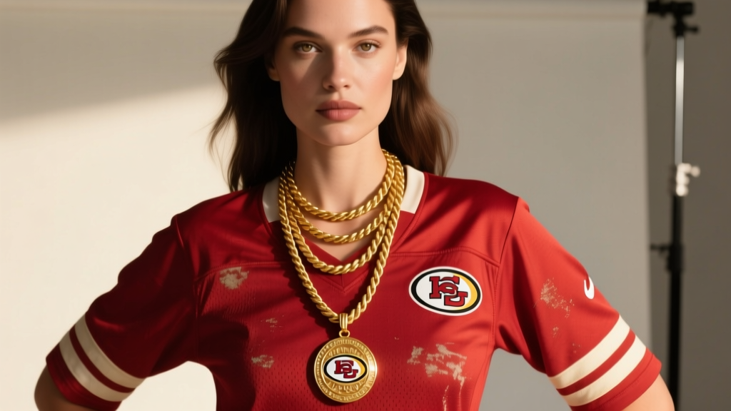 Woman wearing a layered gold necklace stack featuring a touchdown pendant and rope chain, styled over a vintage red sports jersey.