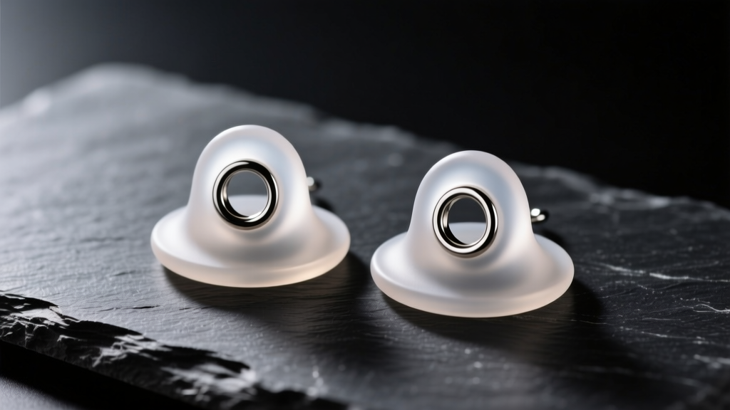Clear silicone earring stoppers on dark slate, showing precise center holes and soft bell curves under bright studio lighting
