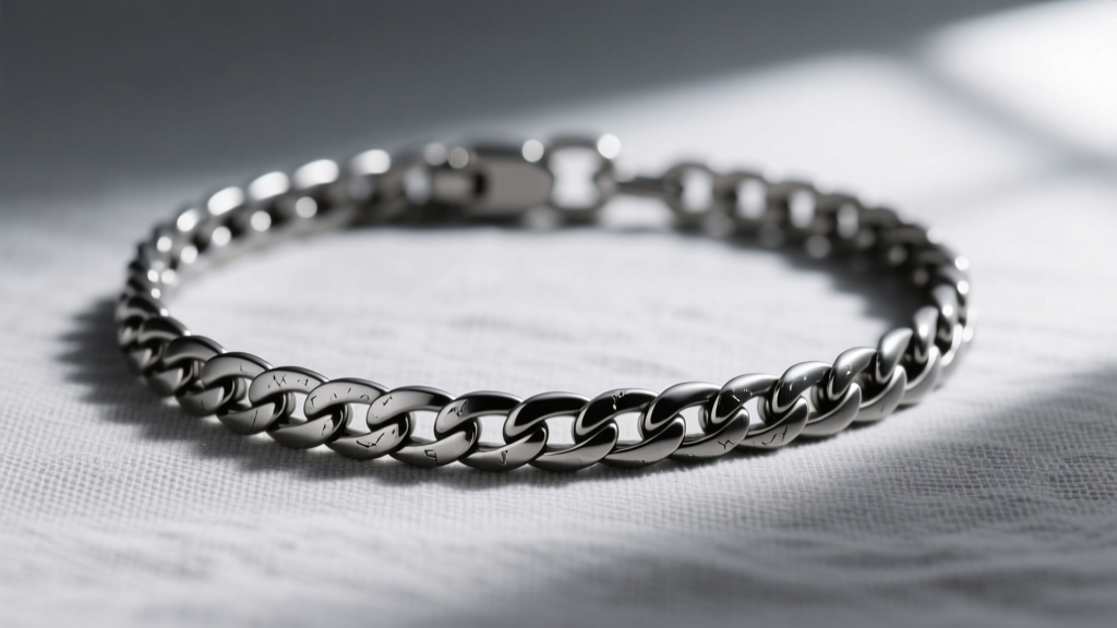 Close-up of a matte G23 titanium snake chain necklace body resting on raw grey linen, showcasing its gunmetal-grey surface texture.