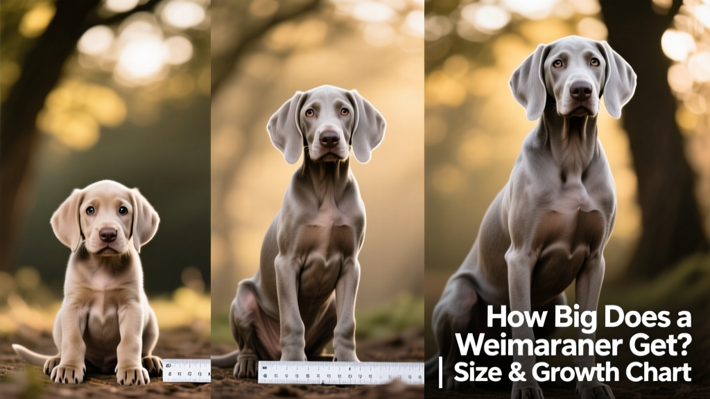 Side-by-side comparison showing Weimaraner puppy, adolescent, and adult stages to illustrate proportional growth