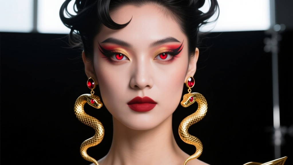 Close-up of a cosplayer wearing elaborate gold serpent drop earrings with ruby eyes, styled against a moody, dark studio backdrop