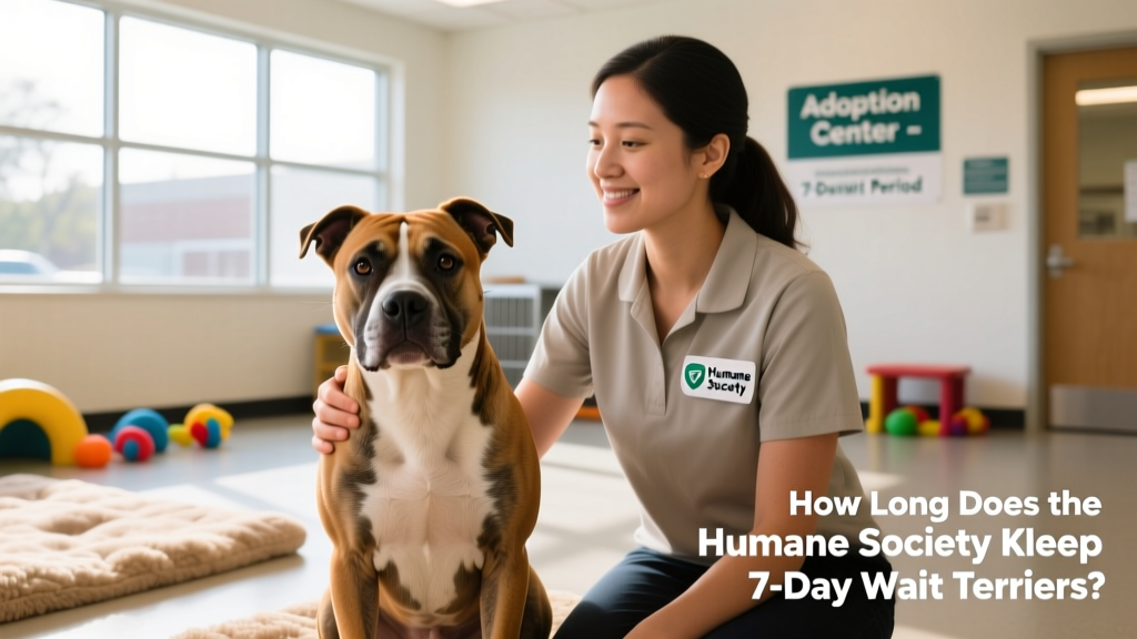 An American Staffordshire Terrier sitting calmly beside a volunteer in a bright, clean shelter play area