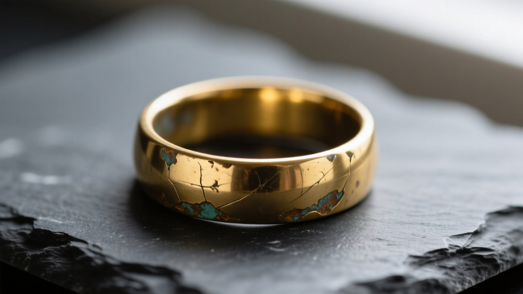 Close-up macro photography of a tarnished gold plated brass ring resting on dark slate, showing slight wear on the edges.
