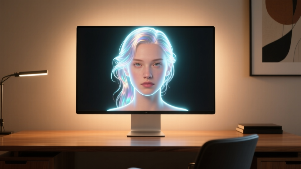 A glowing 3D holographic portrait displayed on a Looking Glass Portrait monitor in a dimly lit room with warm 3000K bias lighting behind the desk
