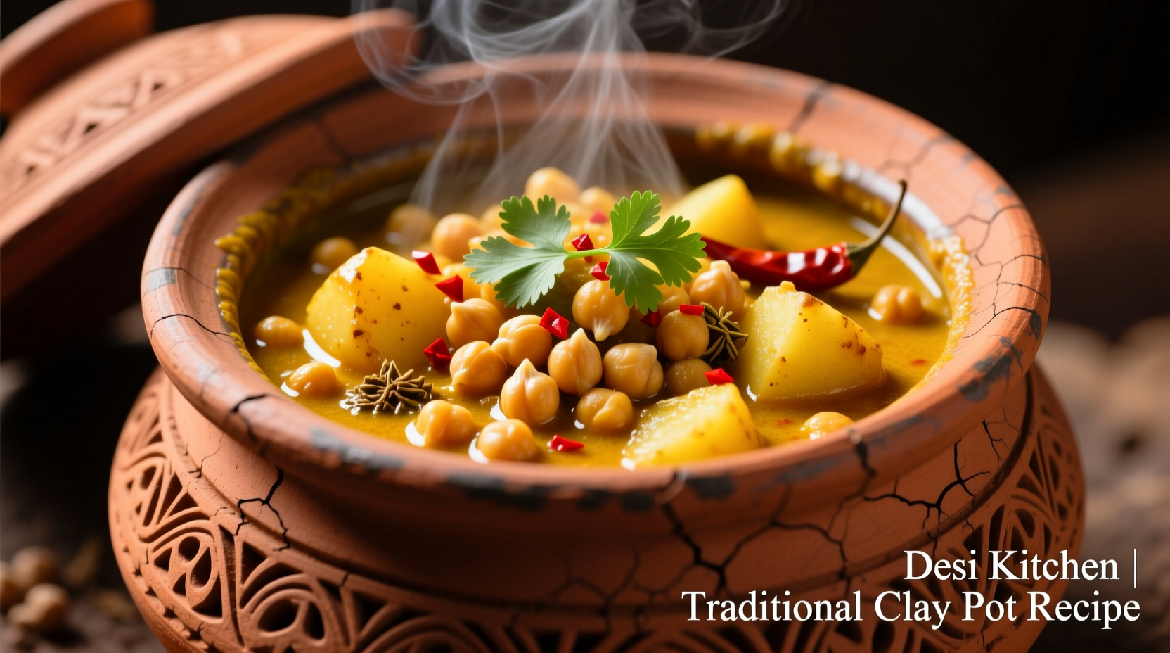 Chickpea potato curry in traditional clay pot