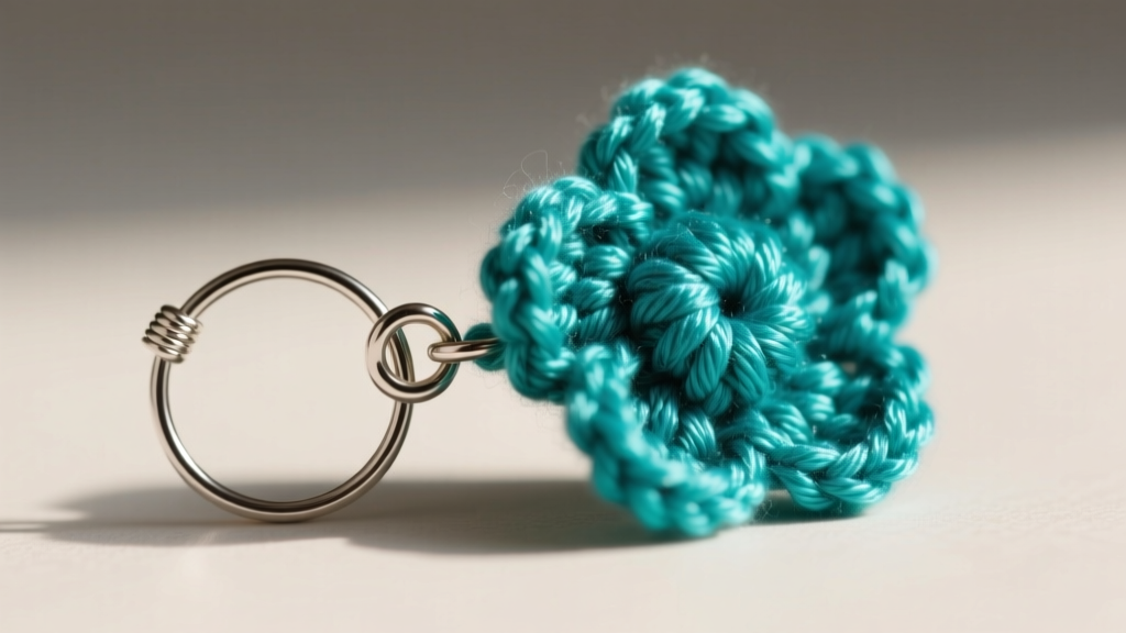 Close-up of a 20-gauge niobium ear wire attached to a teal crochet flower via a tightly closed 22-gauge sterling jump ring.