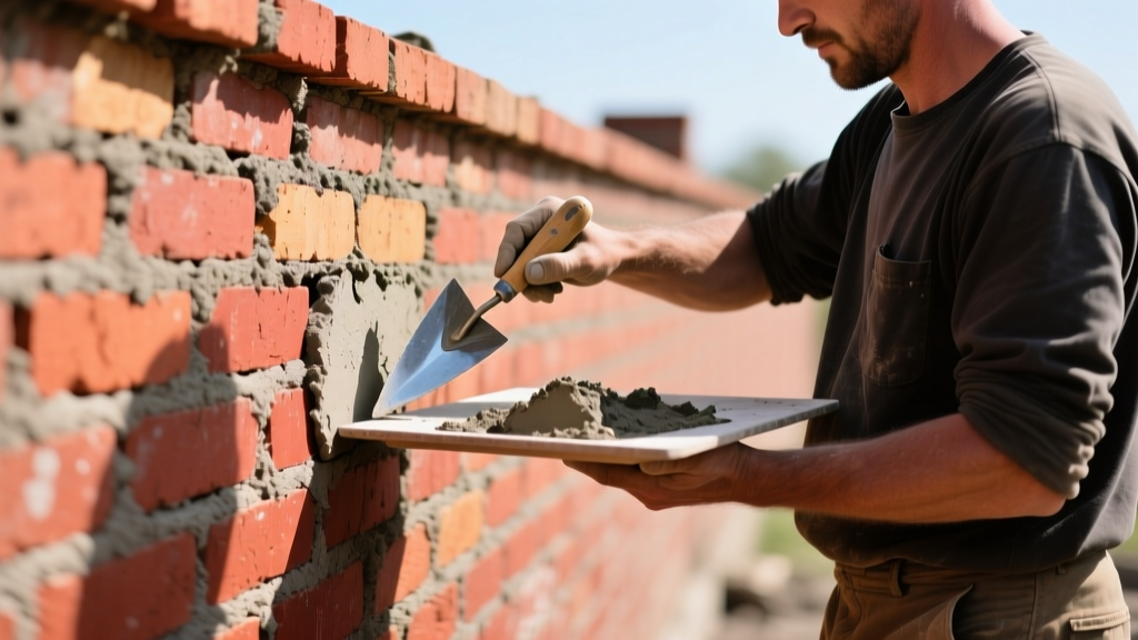 Mason carefully repointing deteriorated mortar joints on a red brick foundation stem wall using a pointing trowel and hawk in bright daylight