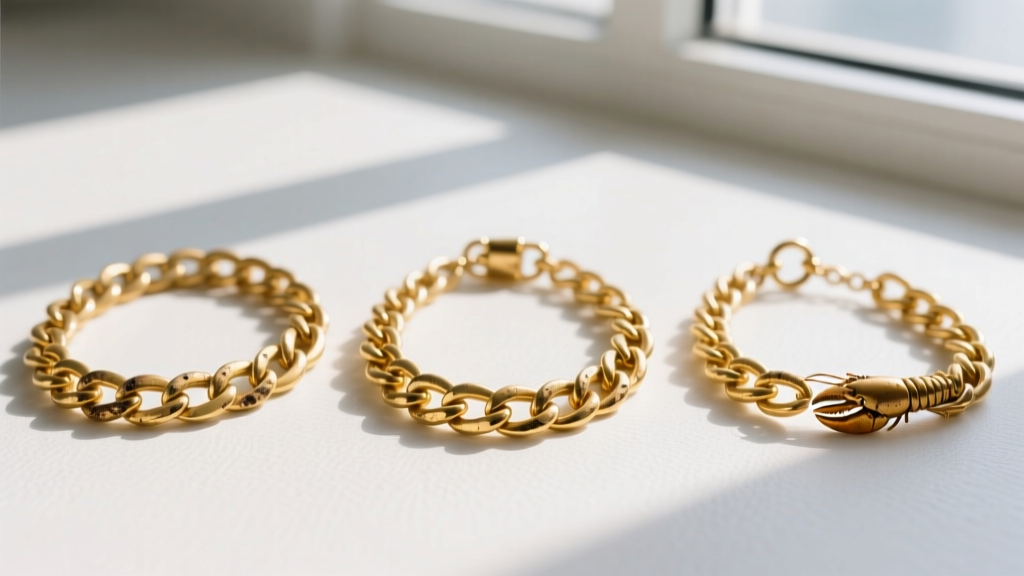 Flat lay of three gold-plated chain necklaces showing varying levels of tarnish and wear on the lobster clasps and jump rings.