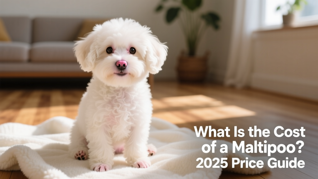 A cheerful, fluffy Maltipoo puppy sitting on a soft blanket, looking directly at the camera