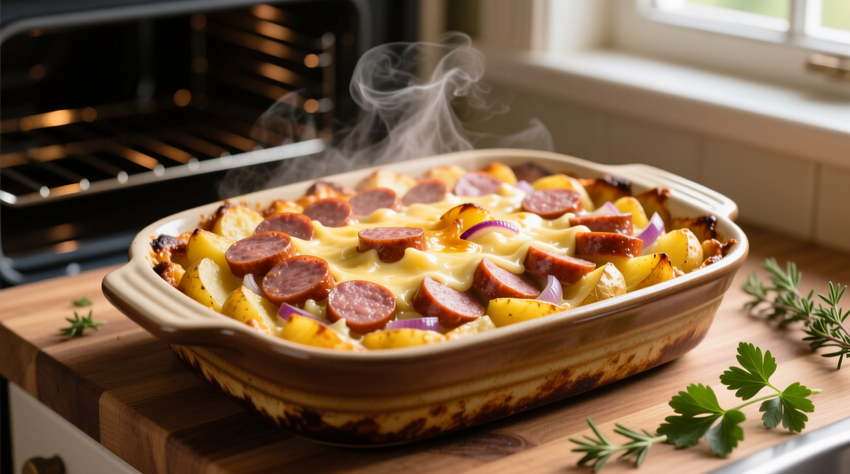 Golden kielbasa and potato casserole fresh from oven