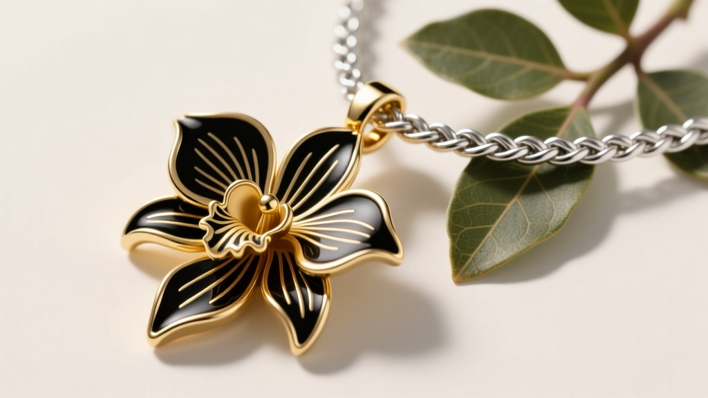 Macro shot of an 18k gold Hawaiian orchid pendant and silver maile necklace showing deep black enamel inlay craftsmanship details