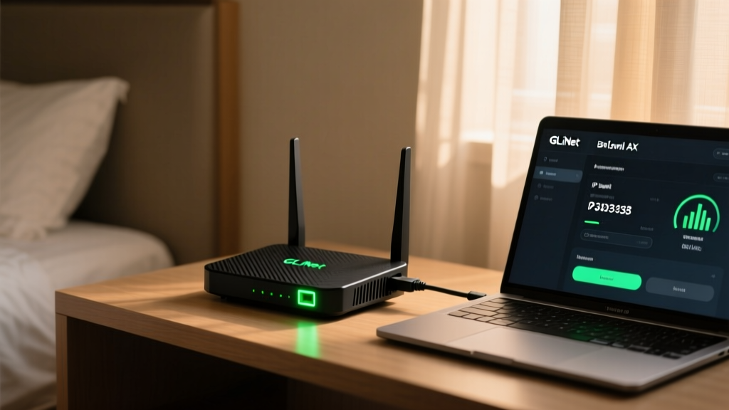 GL.iNet Beryl AX travel router glowing with green LED connected to a laptop displaying network settings in a dim hotel room