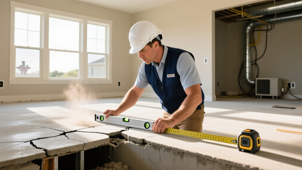 Structural engineer inspecting a cracked slab-on-grade foundation in a Texas suburban home using a laser level and measuring tape