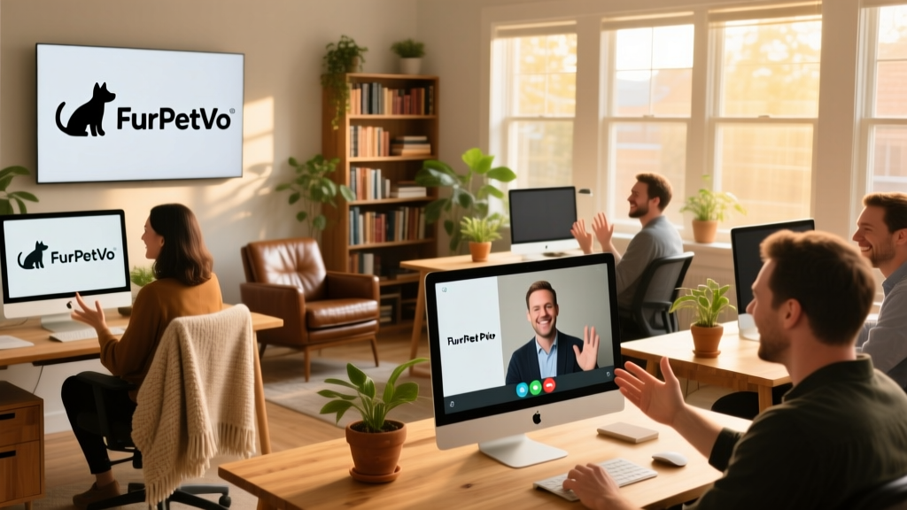 Team members collaborating remotely via video call, with FurPetVo branding visible on screens