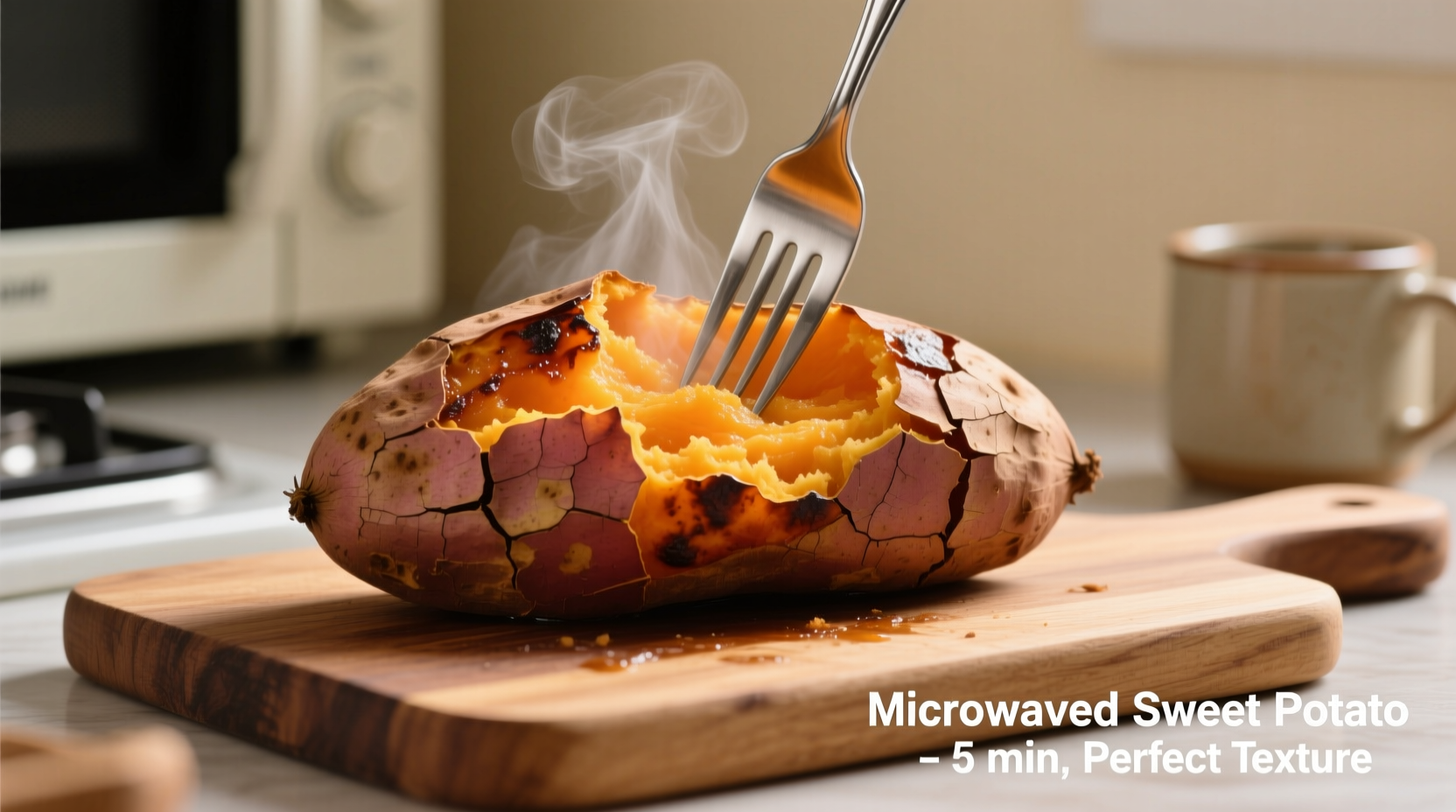 Microwaved sweet potato with fork showing tender interior