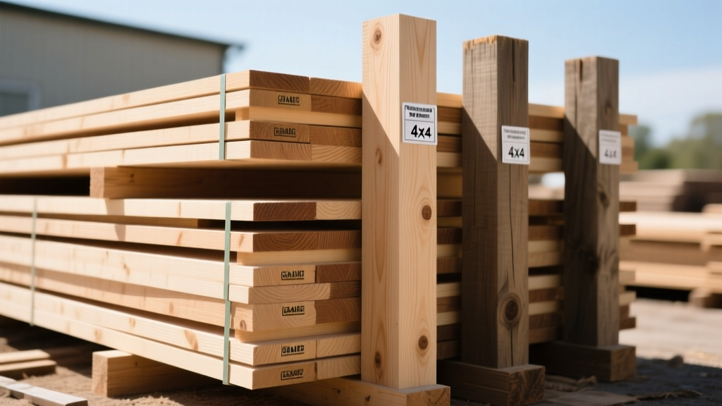 Cedar pickets and pressure-treated 4x4 posts stacked at a lumber yard with visible grade stamps and price tags on the end grain