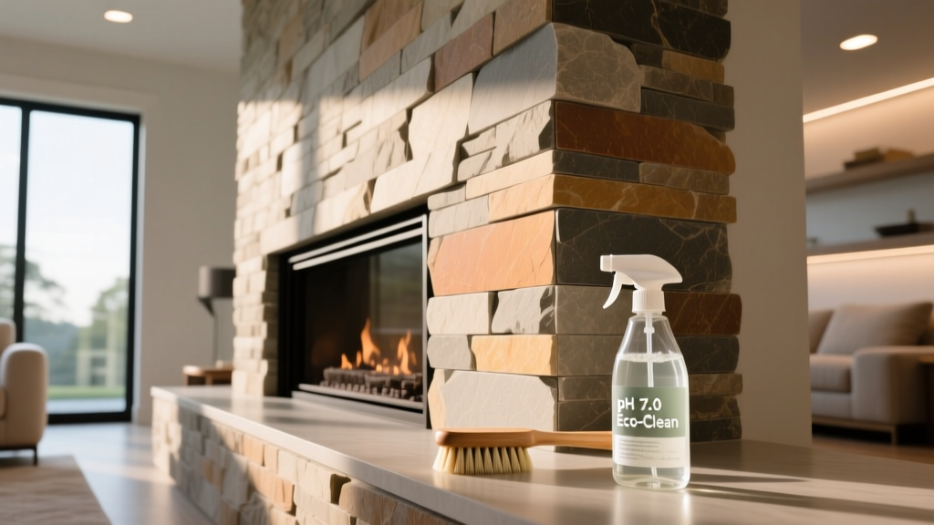 Close-up of stacked stone veneer fireplace surround in modern living room with soft bristle brush and pH-neutral cleaner nearby