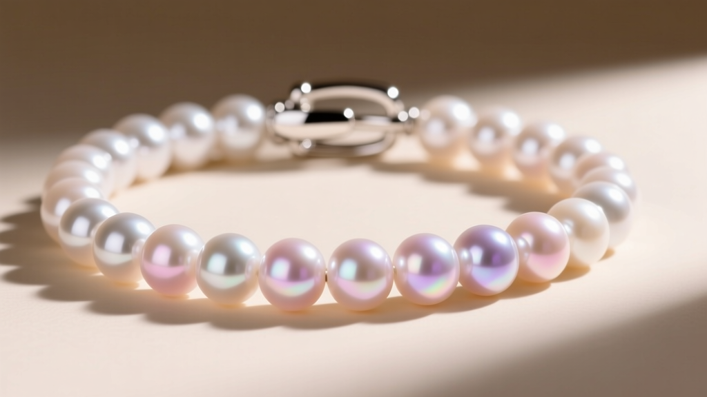 Close-up of matched Akoya cultured pearl strand with white gold clasp highlighting sharp mirror-like reflections on the nacre