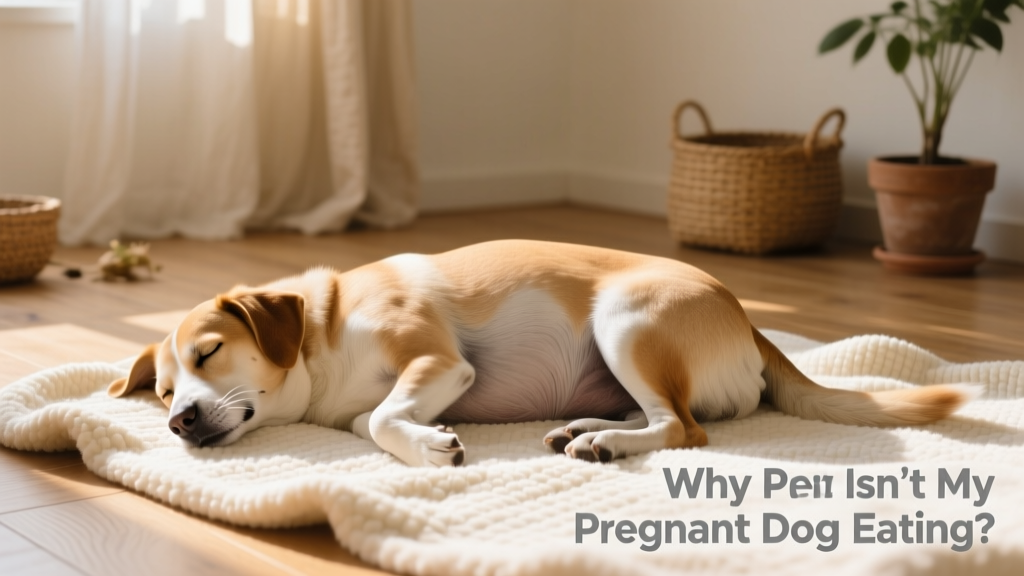 Side profile of a calm, slightly rounded pregnant dog resting on a soft blanket