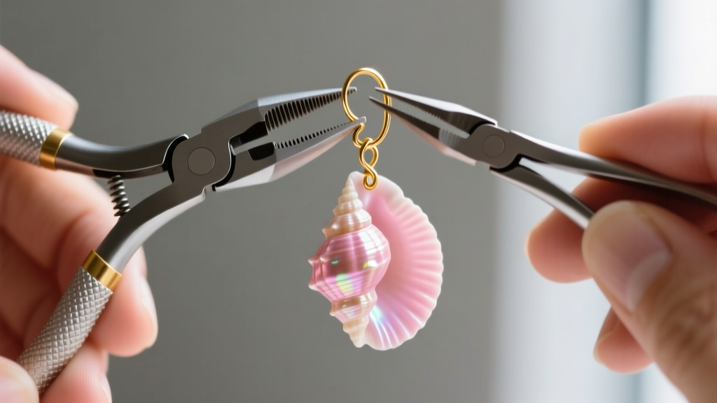Hands using nylon pliers to attach a 20-gauge gold hook to the top loop of a polished pink conch shell dangle earring.