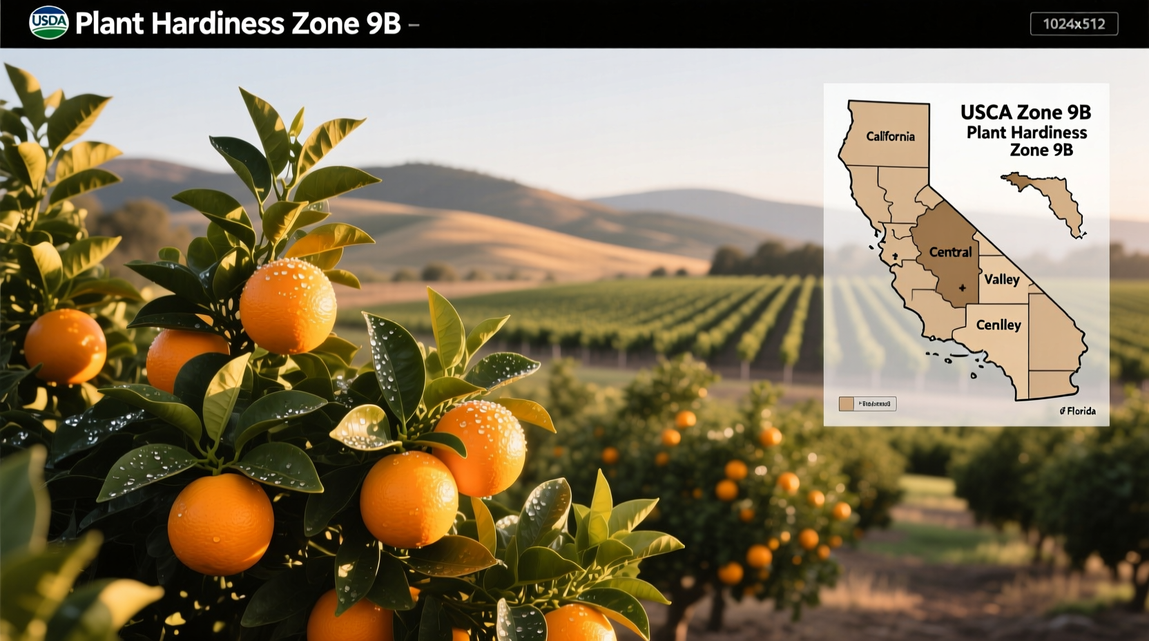 USDA Zone 9b map highlighting California Central Valley and Florida regions where 25-30°F minimums support citrus cultivation - essential for orchard planning
