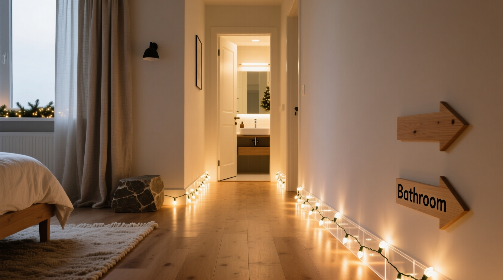 how to use leftover christmas lights to create a functional nightlight path from bedroom to bathroom