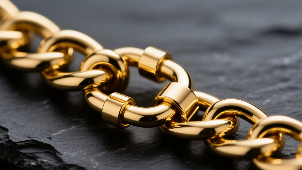 Macro shot of a 22k gold Cuban link clasp, showing the deep yellow color and interlocking links against a dark slate background.