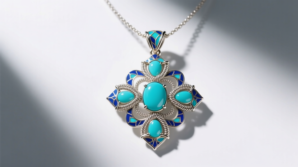 Overhead shot of a cannetille wirework pendant with turquoise cabochons and blue guilloche enamel under bright studio lighting.