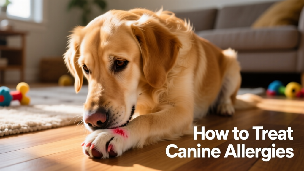 A dog gently biting at their paw, showing signs of itchiness.