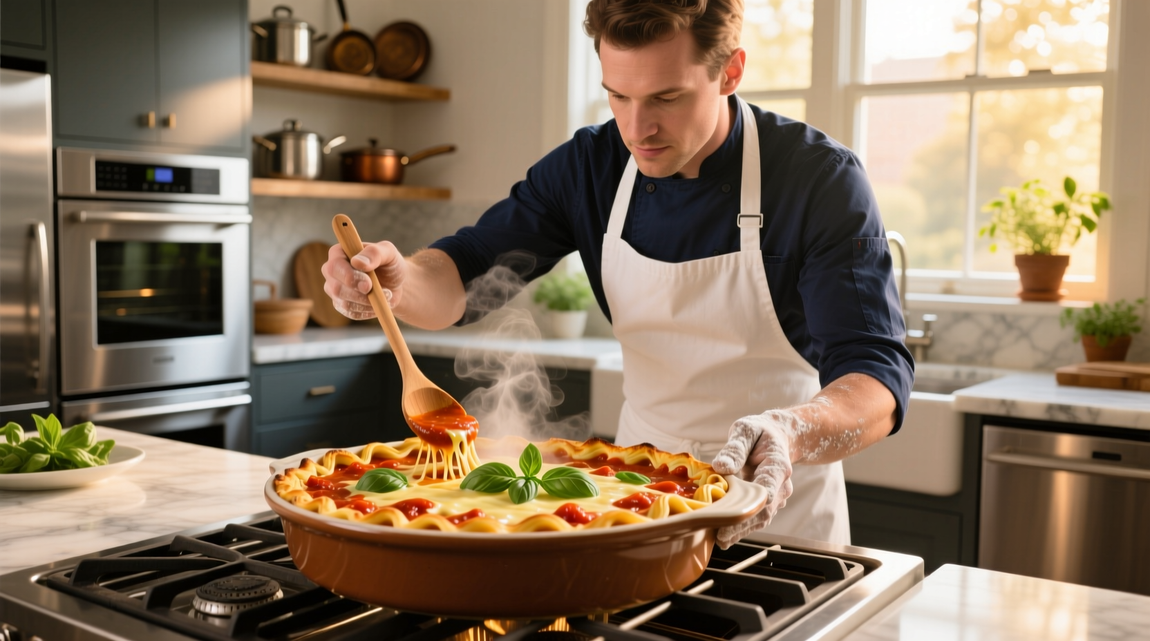 Chef preparing tomato soup pasta bake in kitchen