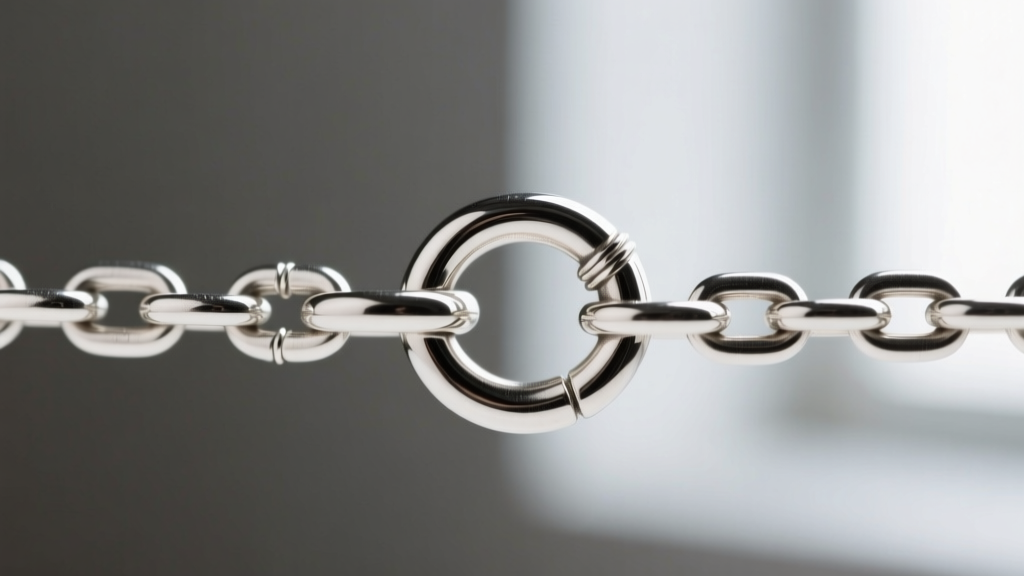 Macro shot of a pendant bail threading through a 2mm sterling silver rolo chain showing the soldered jump ring connection point