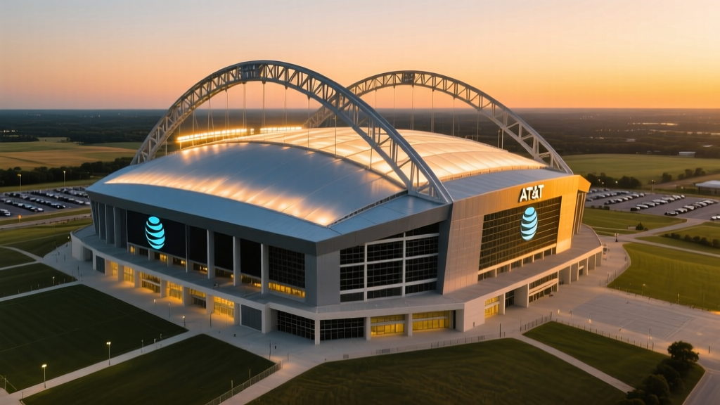 Wide aerial architectural shot of AT&T Stadium in Arlington Texas at dusk with illuminated retractable roof and massive steel arches