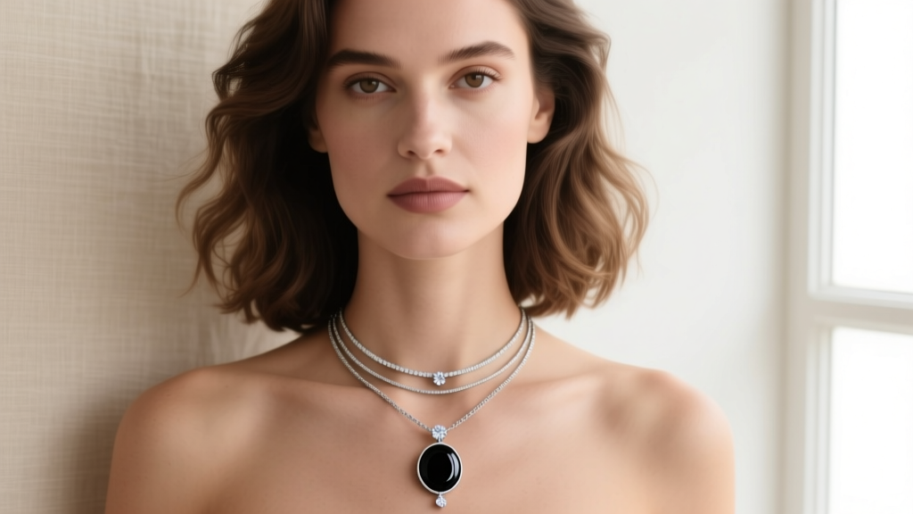 Woman wearing a layered necklace stack featuring a black onyx Alhambra pendant paired with a delicate diamond solitaire chain.
