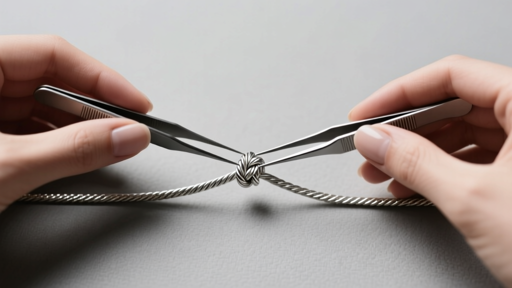 Top-down view of hands using two fine-tipped nylon tweezers to gently separate a tight knot in a delicate silver cable chain.