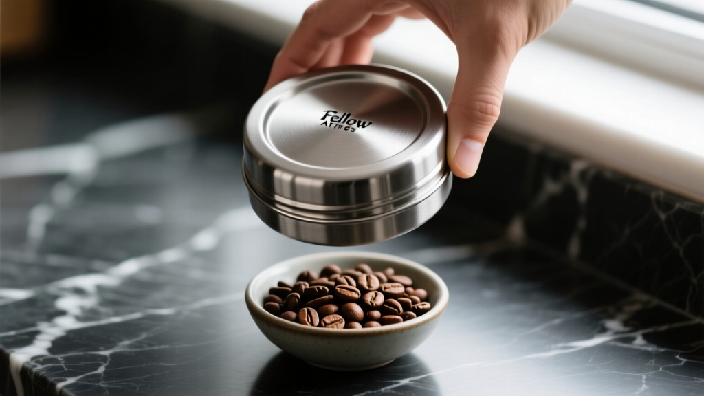 Close-up of Fellow Atmos vacuum canister stainless steel lid being twisted to seal on dark marble countertop next to whole bean coffee