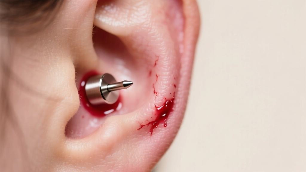Close-up of a freshly pierced earlobe with a 20-gauge implant-grade titanium flat back labret stud under soft studio lighting