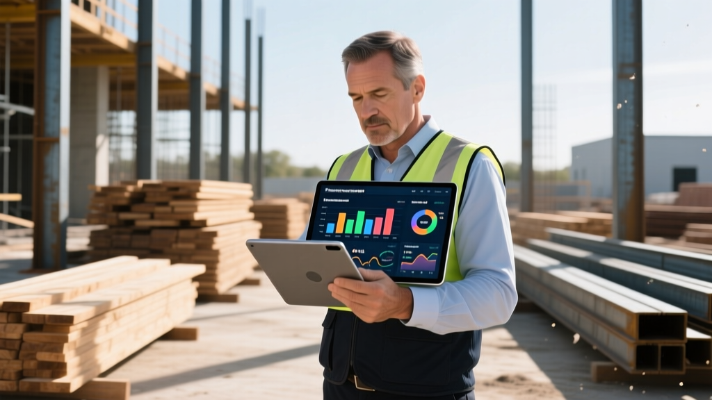 Superintendent reviewing digital procurement dashboard on a tablet near stacked lumber and steel at an active commercial build.