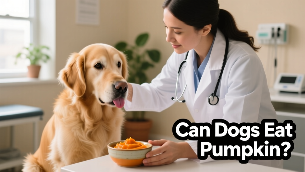 A veterinarian gently examining a calm, seated dog while holding a small bowl of pumpkin puree