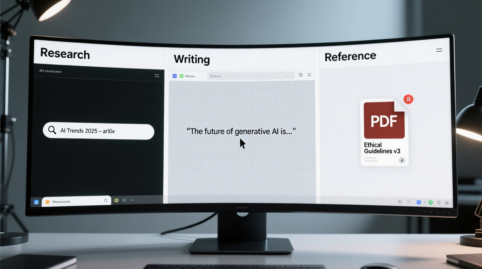 Side-by-side comparison showing an ultrawide monitor divided into three clearly labeled vertical zones: 'Research' (left), 'Writing' (center), and 'Reference' (right), each displaying minimal, purpose-specific content with no overlapping windows or browser tabs