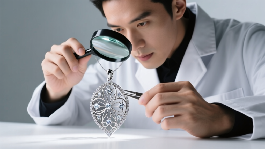 Jeweler examining a platinum filigree pendant with a loupe under bright light to reveal microscopic metalwork and diamond pave.