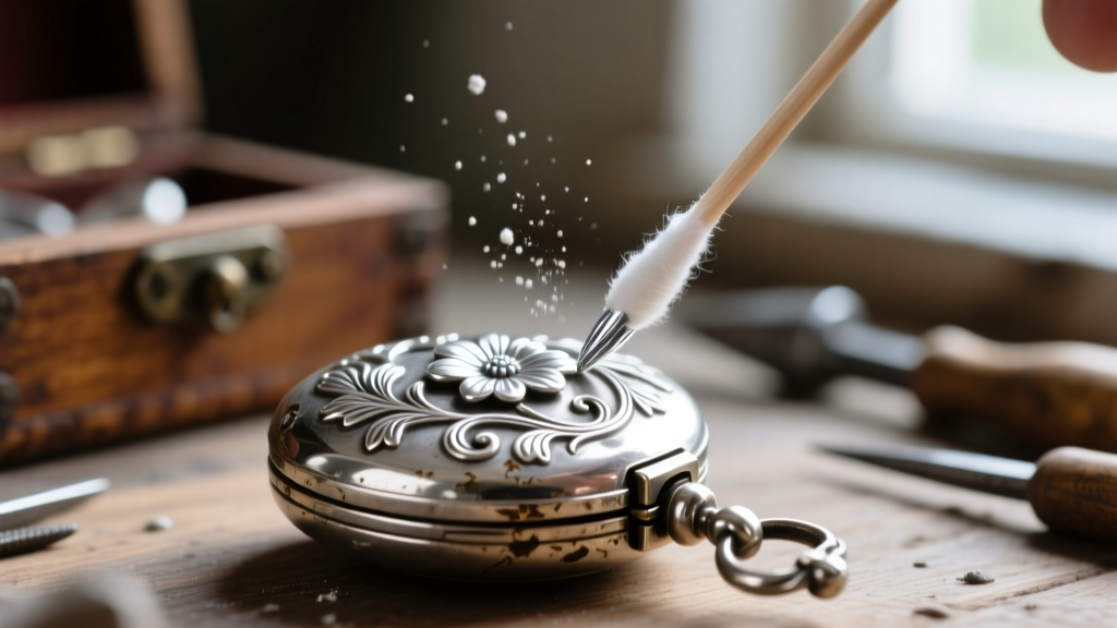 Close-up of a cotton swab applying metallic silver enamel paint to restore a worn vintage silver-plated floral locket hinge