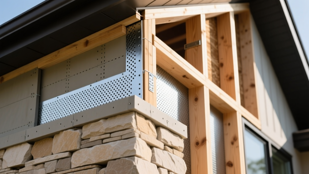 Cross-section of light stone veneer installed over weather-resistive barrier and metal lath on exterior wood framing