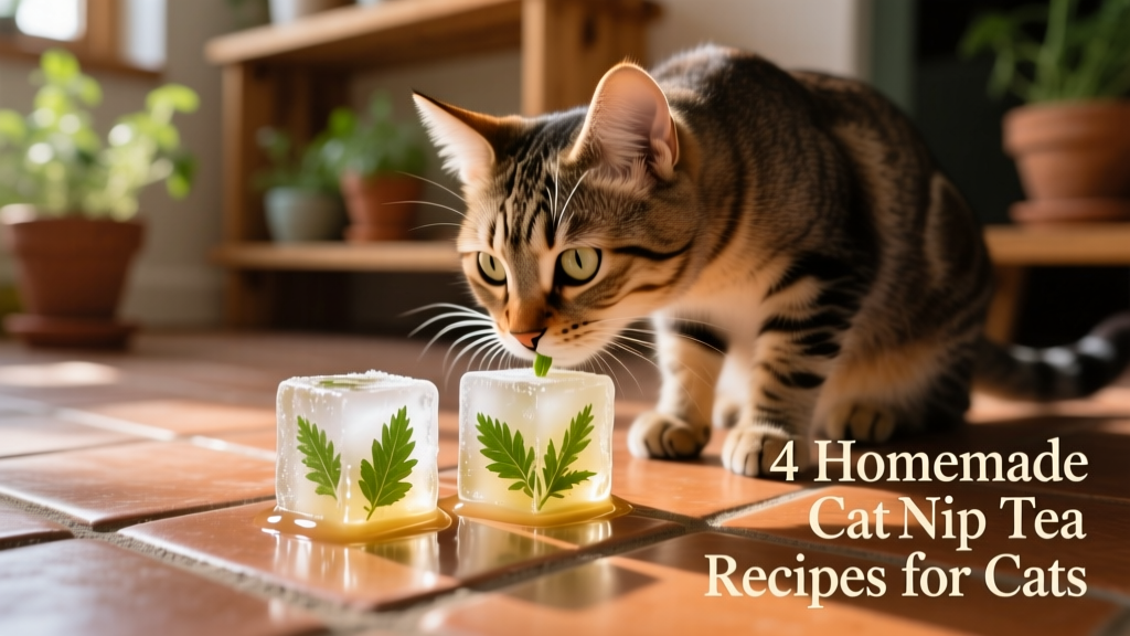 Two frozen catnip tea cubes melting slightly on a tiled floor, with a curious cat sniffing nearby