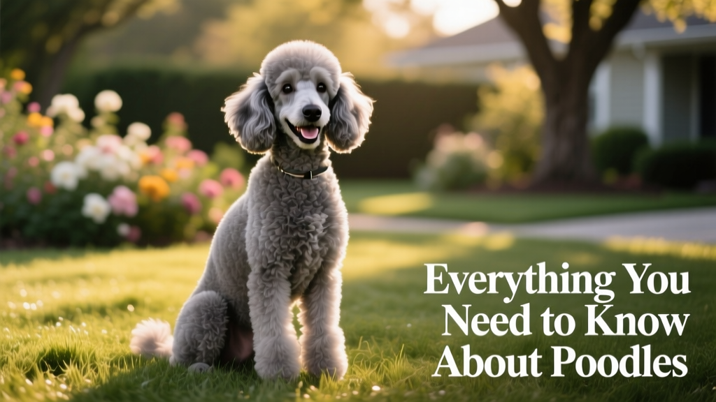 A smiling grey Poodle sitting confidently on a grassy lawn