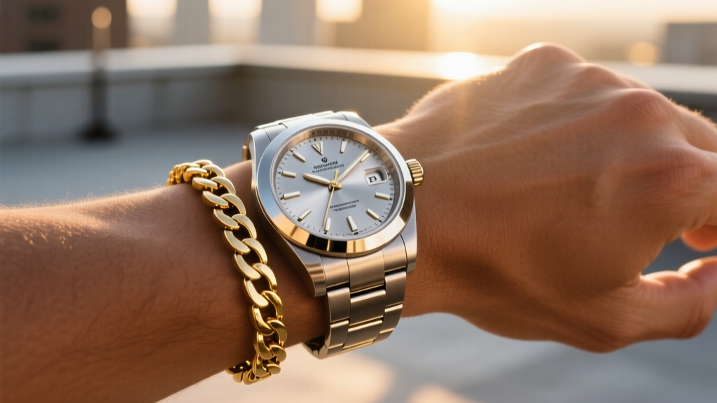 Wrist wearing steel sports watch with silver dial stacked with 14k gold Cuban bracelet, photographed in warm golden hour sunlight